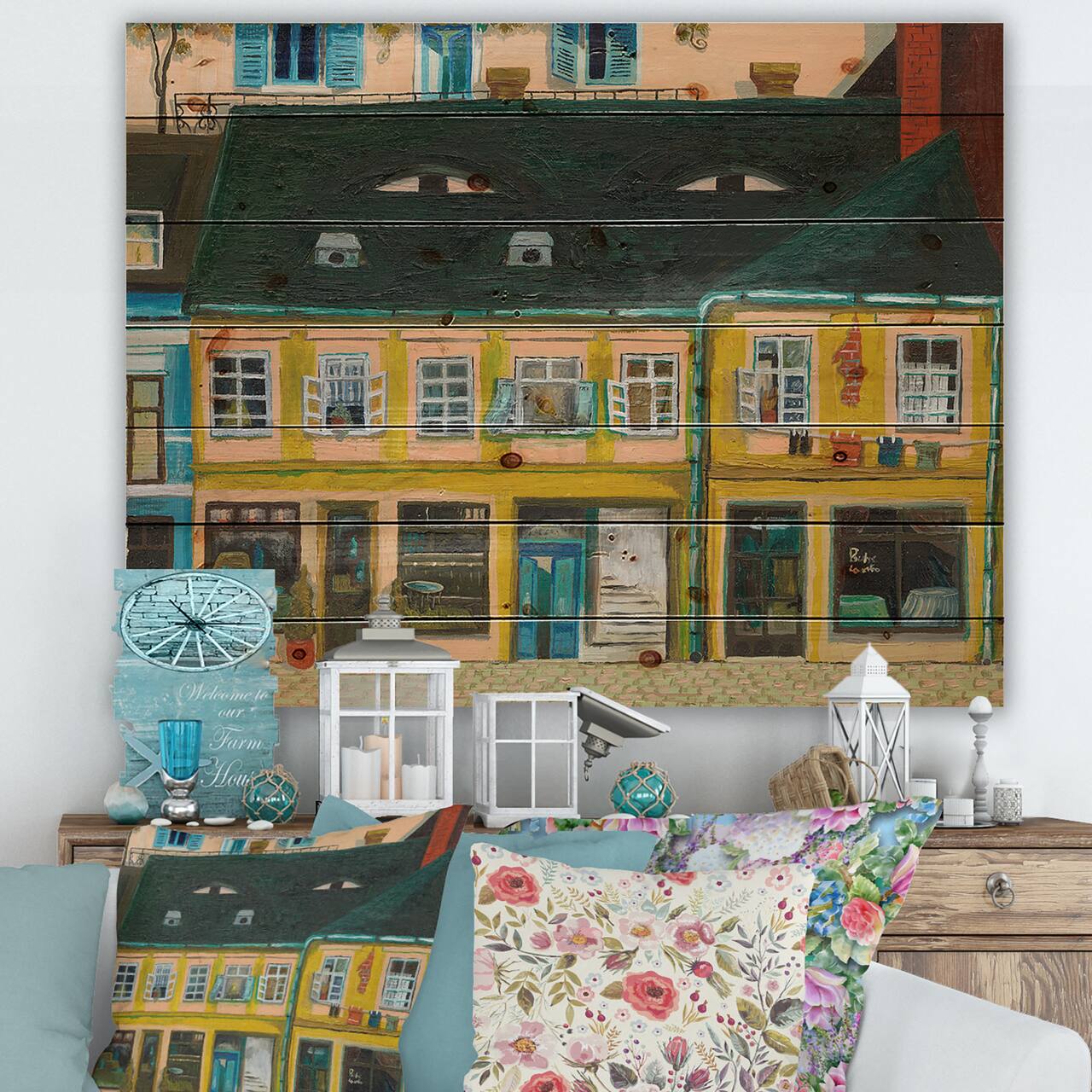 Designart - Yellow Facade of Houses In Street In Paris - French Country Print on Natural Pine Wood